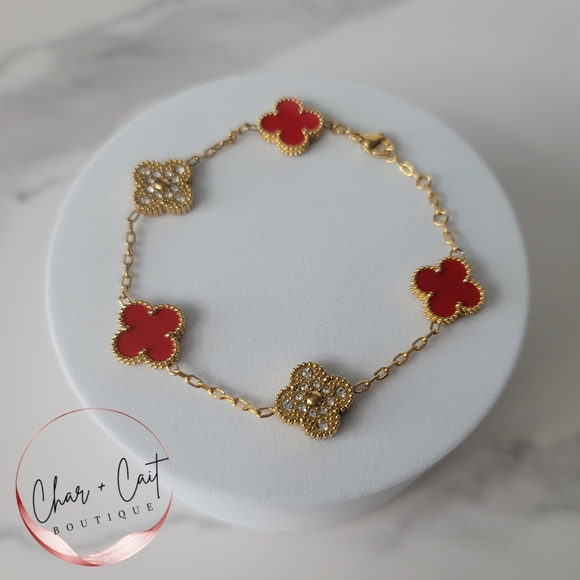 Jewelry - 18K Gold-Plated Double Sided Red and Gold Rhinestone Clover Bracelet